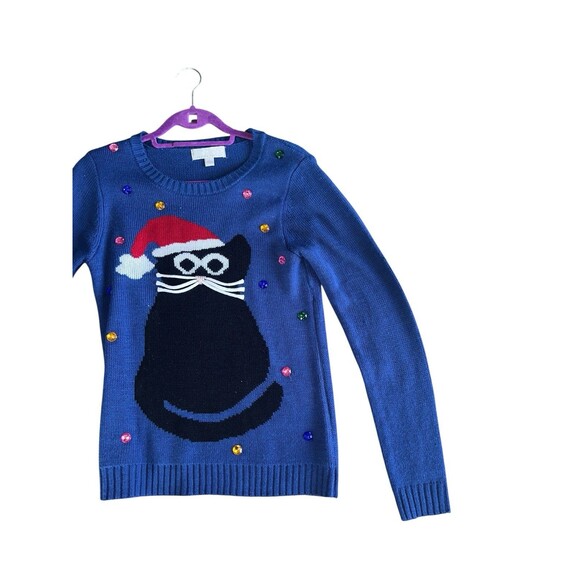 Carolyn Taylor Ugly Christmas Sweater Small Navy Cat Santa Beaded Festive Y2K - Picture 11 of 14